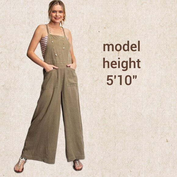 EASEL "Here I Am" Mineral Washed Wide Leg Jumpsuit Adjustable Tie Straps Pockets - Picture 2 of 16